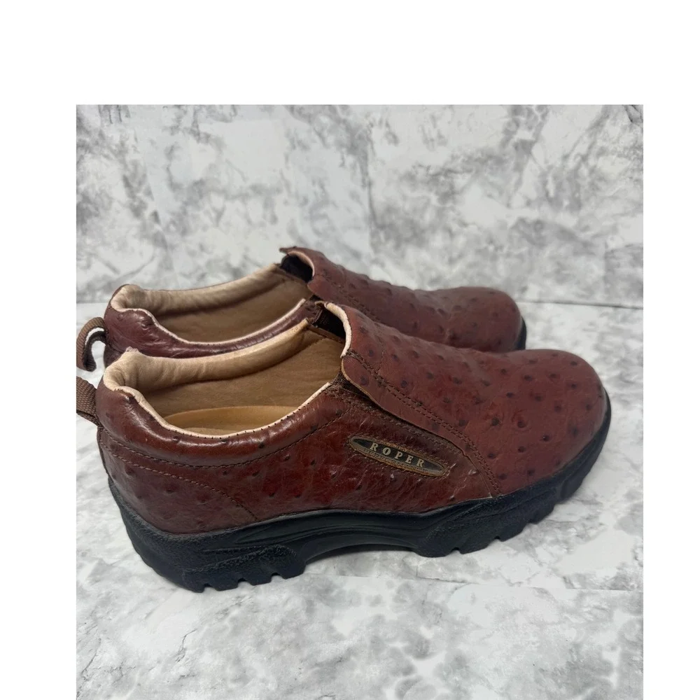 Roper‎ Men's Performance Ostrich Print Slip On Shoes Brown Leather Loafers